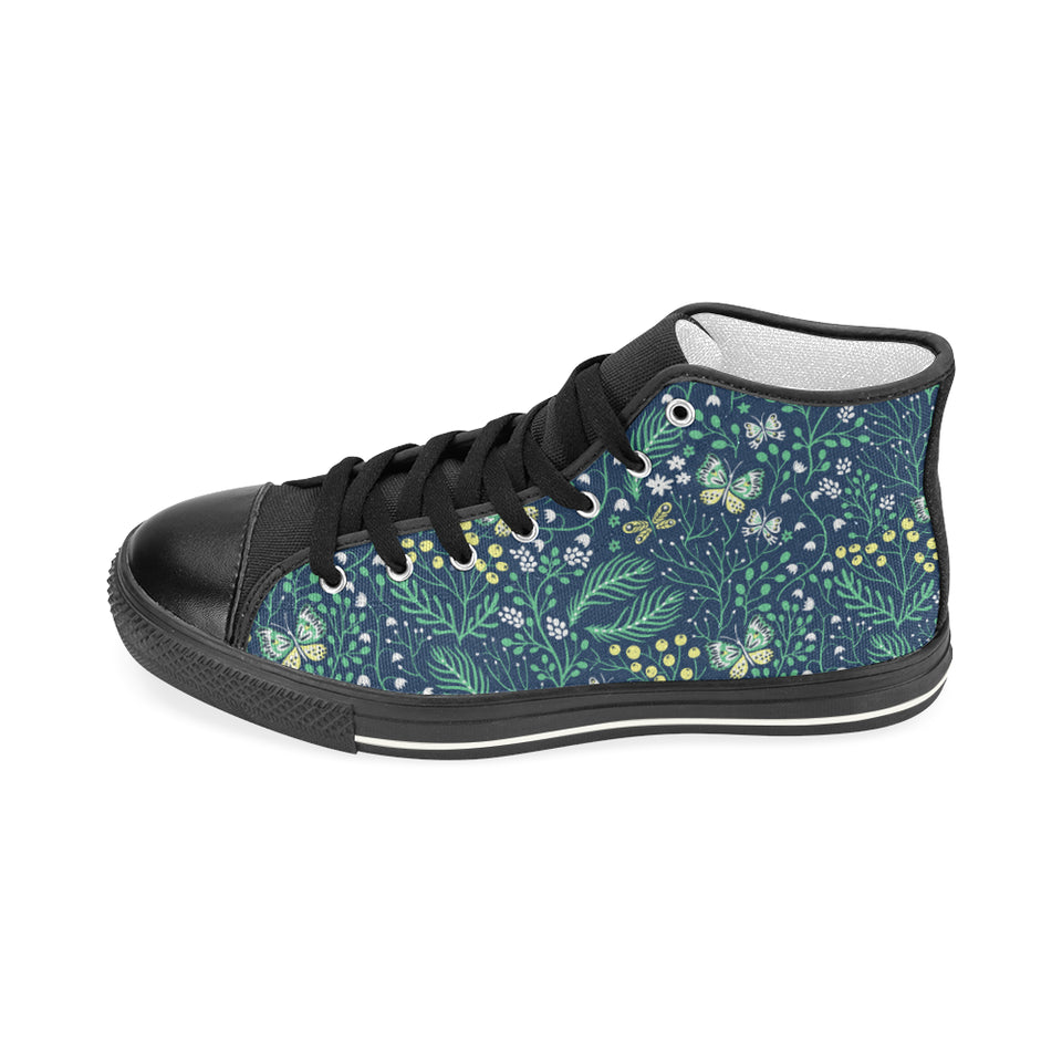 butterfly leaves pattern Men's High Top Canvas Shoes Black