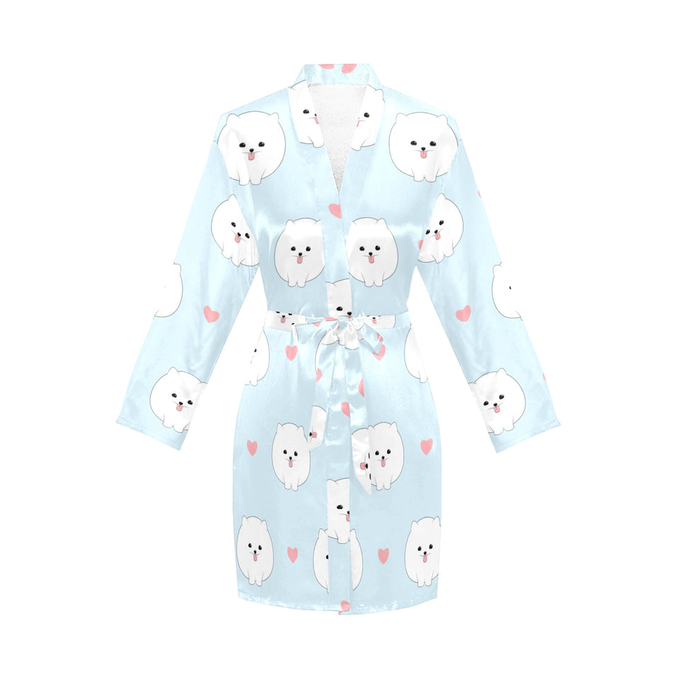 White cute pomeranian pattern Women's Long Sleeve Belted Night Robe