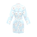 White cute pomeranian pattern Women's Long Sleeve Belted Night Robe