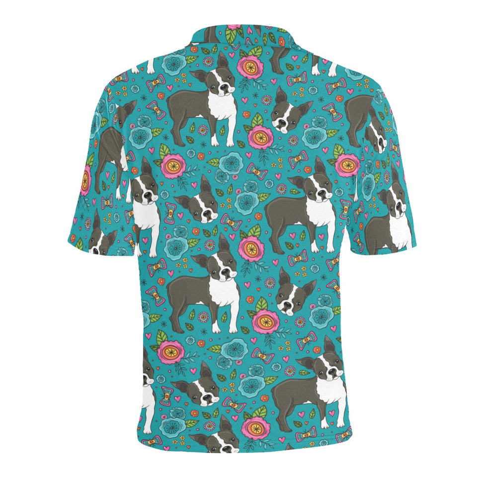 Boston terrier beautiful flower pattern Men's All Over Print Polo Shirt