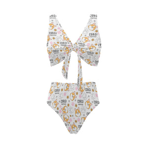 Corgi Dog Pattern Chest Bowknot High Waisted Bikini Swimsuit