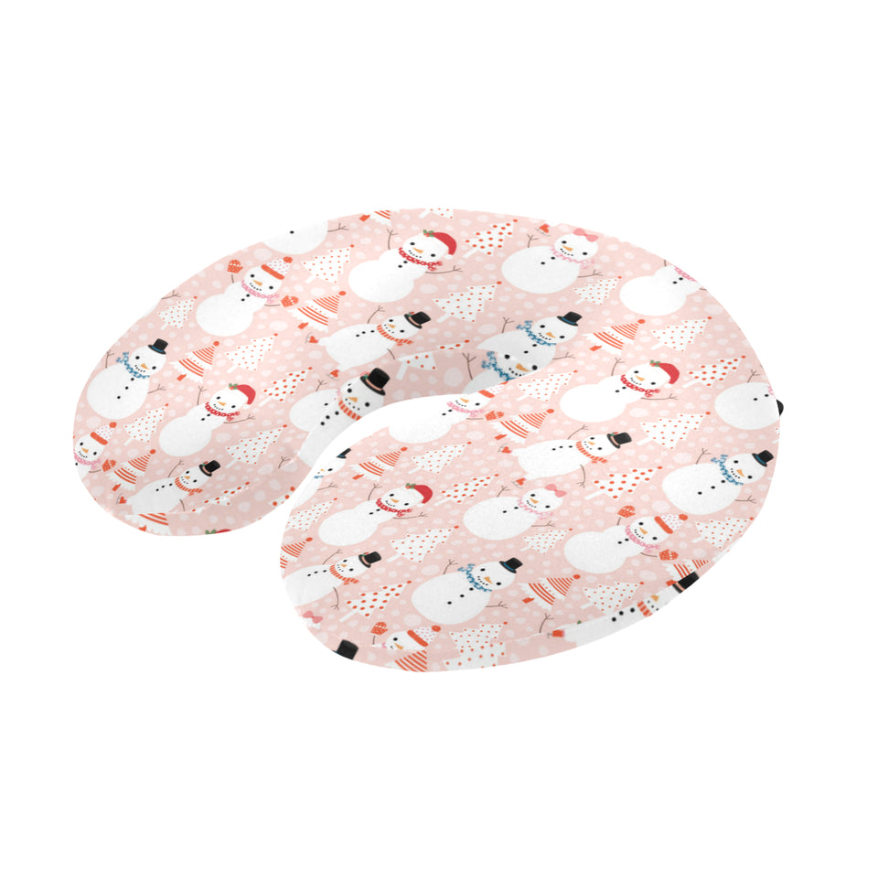 Cute snowman christmas tree snowpink background U-Shaped Travel Neck Pillow