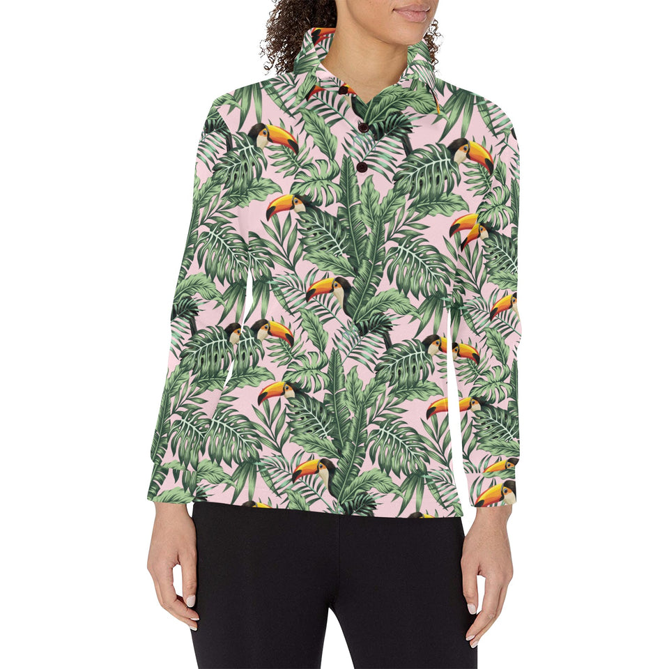 Toucan tropical green jungle palm pattern Women's Long Sleeve Polo Shirt