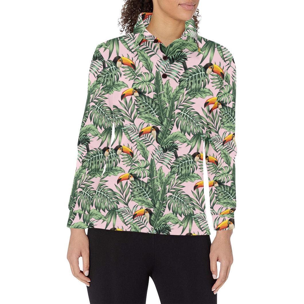 Toucan tropical green jungle palm pattern Women's Long Sleeve Polo Shirt