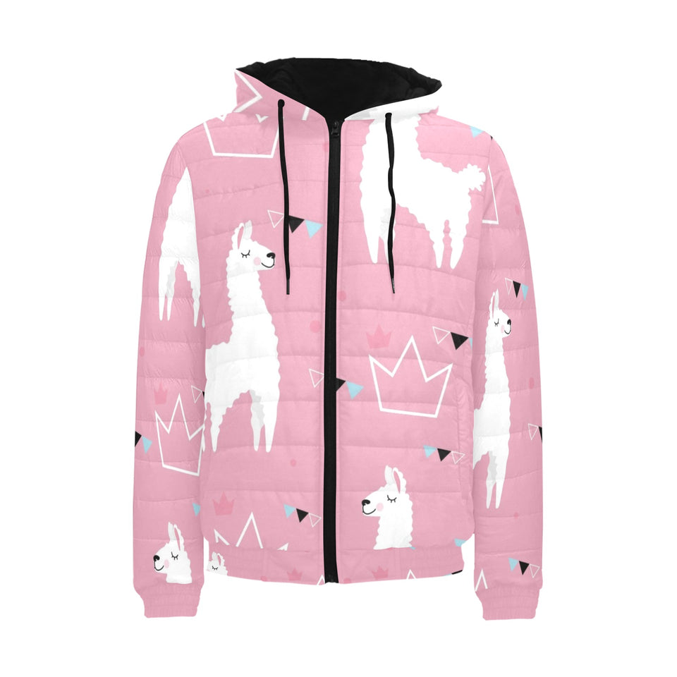 Llama Alpaca pink background Men's Padded Hooded Jacket