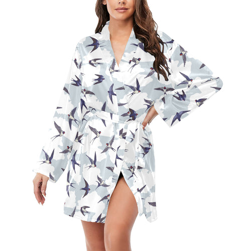 Swallow Pattern Print Design 05 Women's Long Sleeve Belted Night Robe