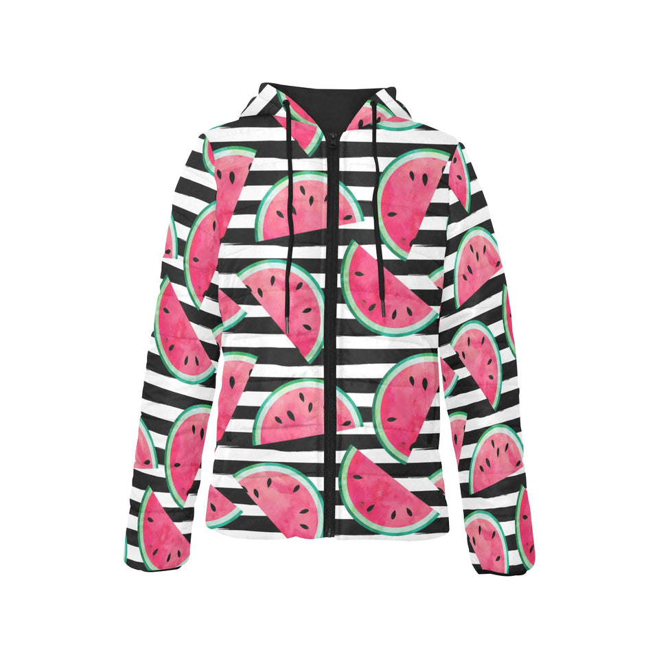 Watercolor paint textured watermelon pieces Women's Padded Hooded Jacket