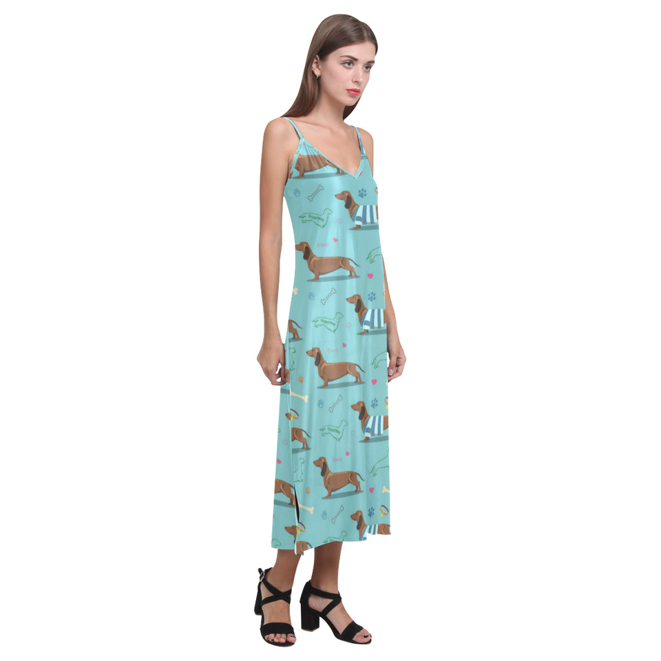 Dachshund decorative background V-Neck Open Fork Long Dress