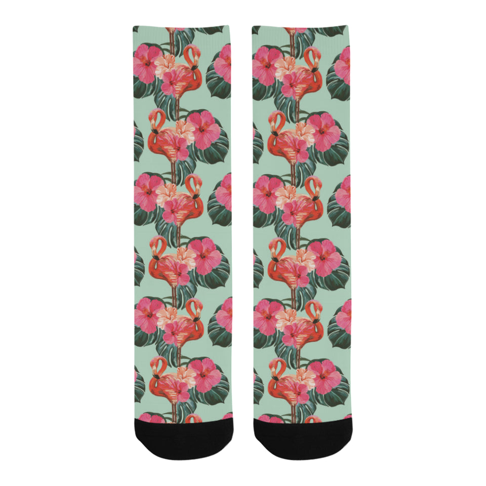 Beautiful flamingo tropical palm leaves hibiscus p Crew Socks