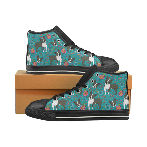 Boston terrier beautiful flower pattern Women's High Top Canvas Shoes Black