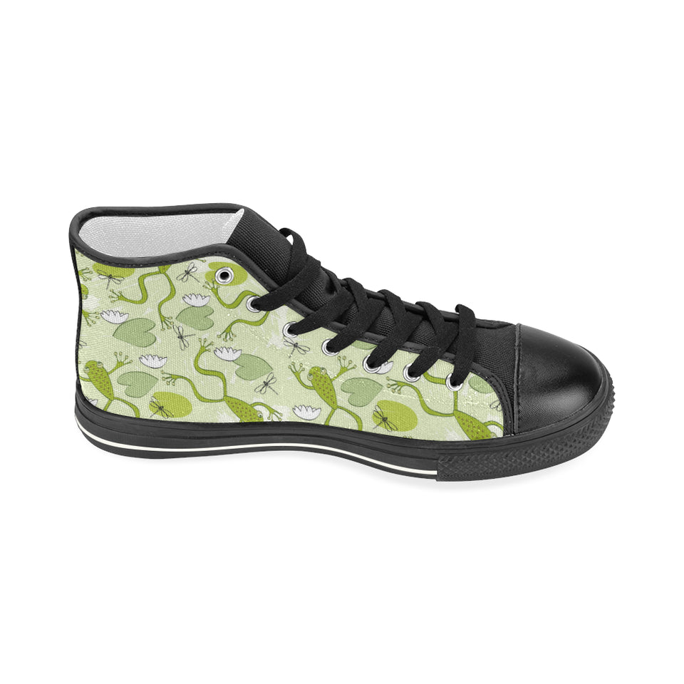 Cute frog dragonfly pattern Women's High Top Canvas Shoes Black