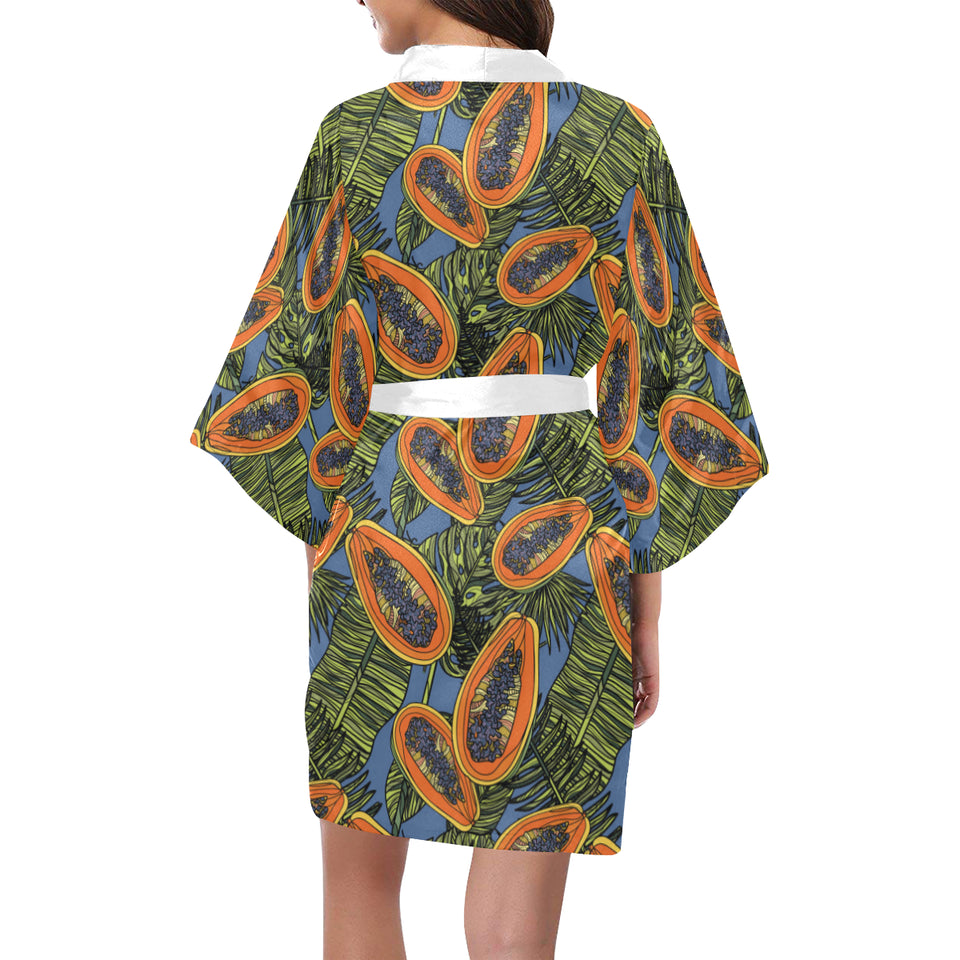 Colorful papaya tropical leaves Women's Short Kimono Robe