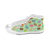 Colorful donut pattern green background Men's High Top Canvas Shoes White