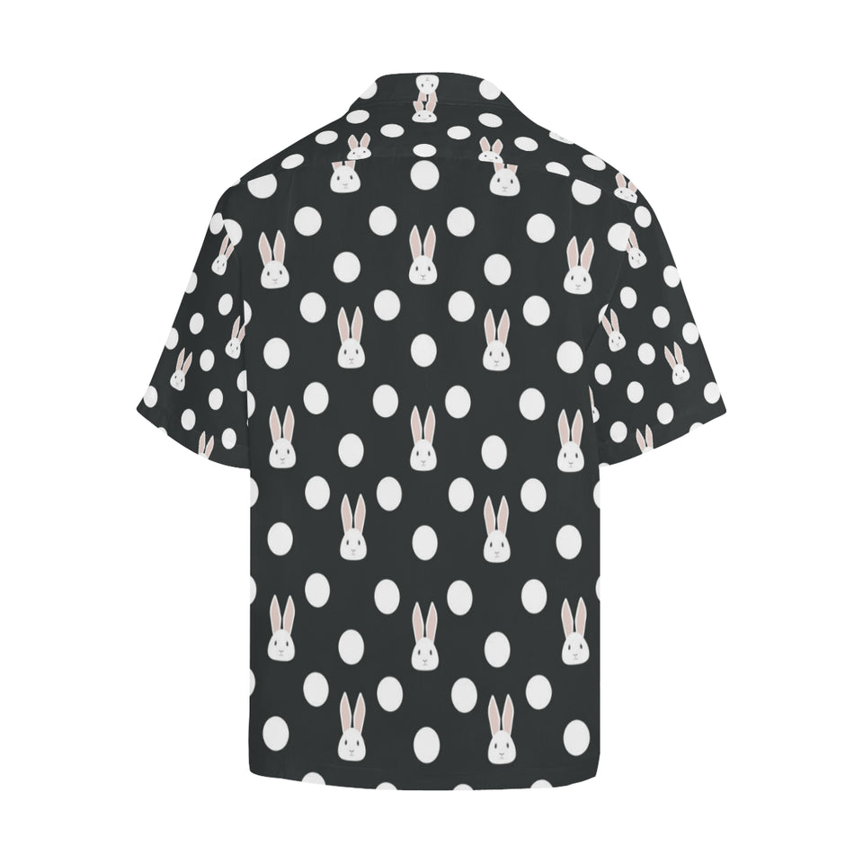 Cute white rabbit polka dots black background Men's All Over Print Hawaiian Shirt