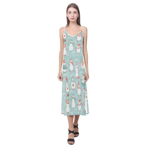 Cute snowman pattern V-Neck Open Fork Long Dress