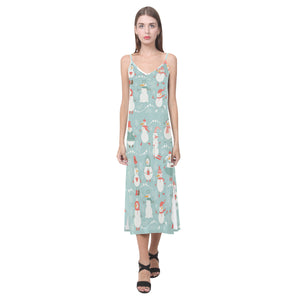 Cute snowman pattern V-Neck Open Fork Long Dress