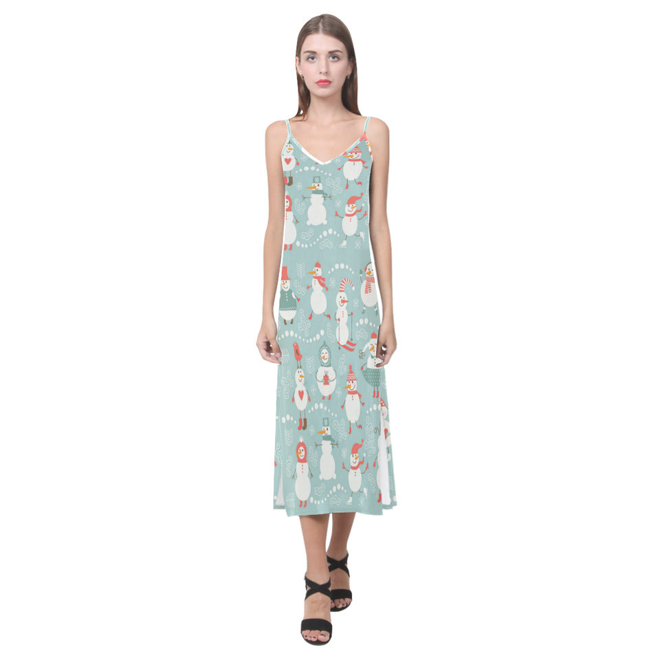 Cute snowman pattern V-Neck Open Fork Long Dress