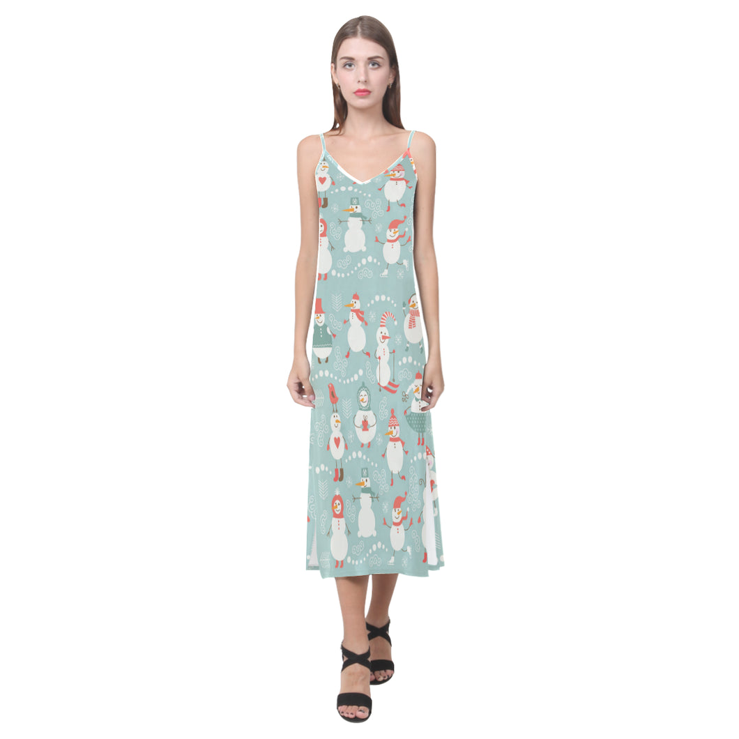 Cute snowman pattern V-Neck Open Fork Long Dress