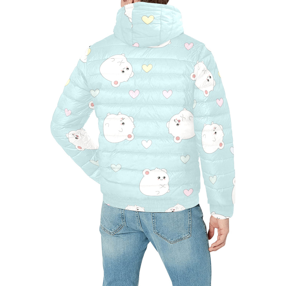 White cute hamsters heart pattern Men's Padded Hooded Jacket
