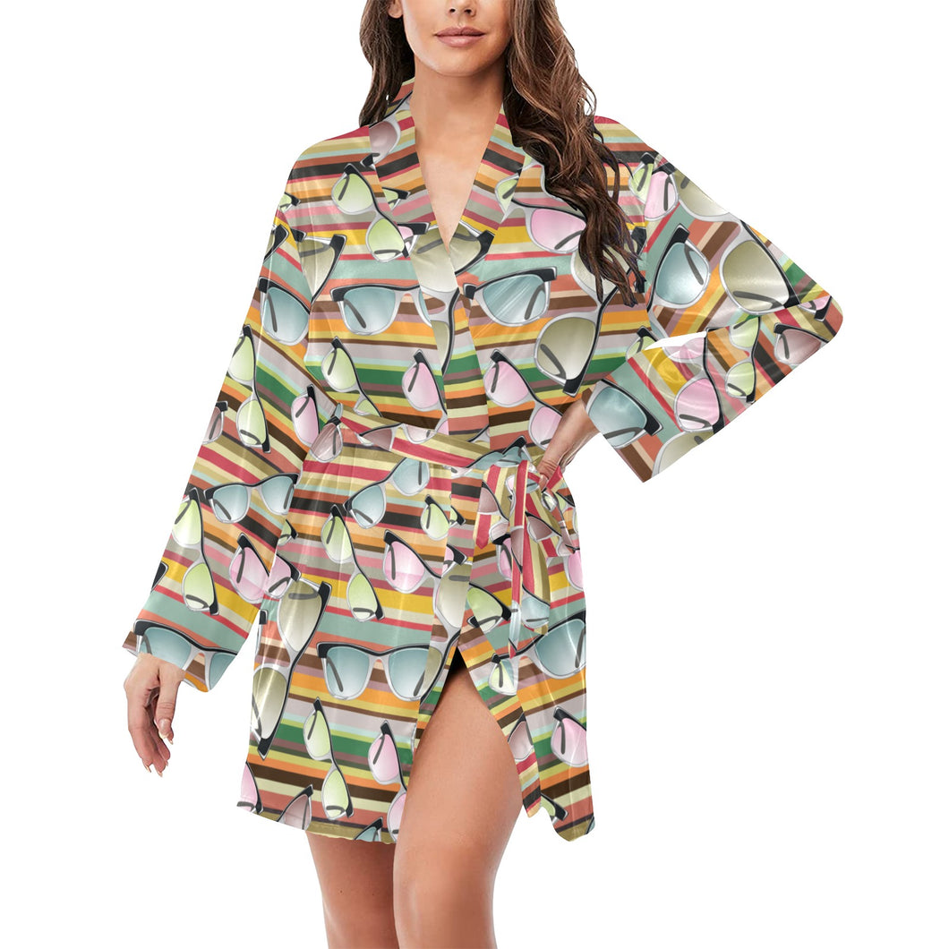 Sun Glasses Pattern Print Design 02 Women's Long Sleeve Belted Night Robe