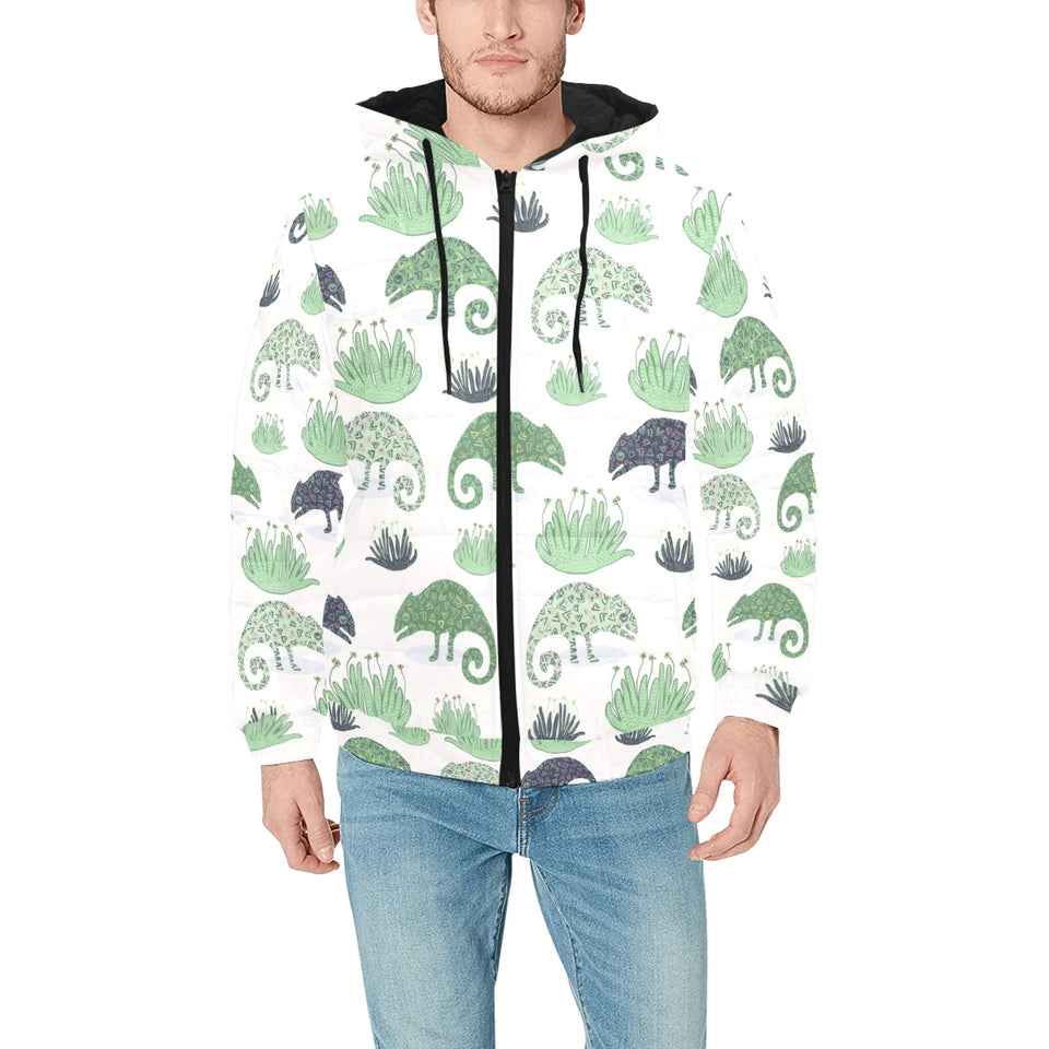 Chameleon lizard succulent plant pattern Men's Padded Hooded Jacket