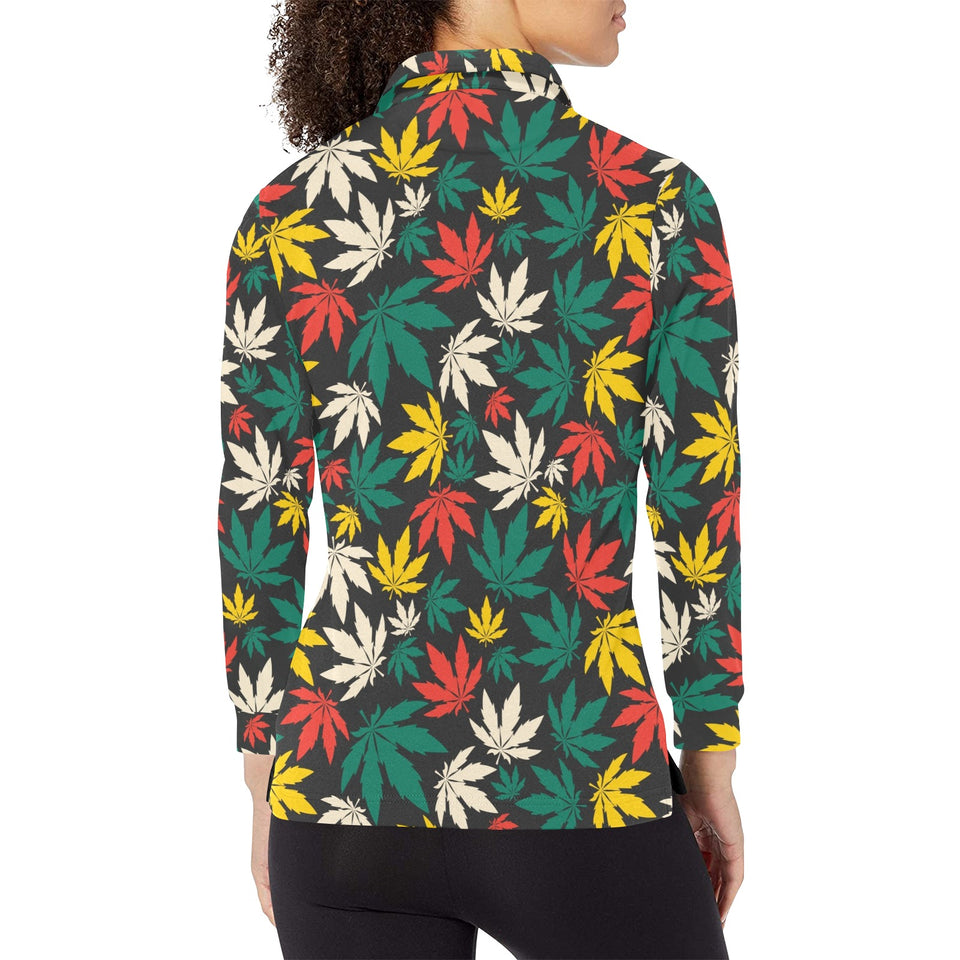 Canabis Marijuana Weed Pattern Print Design 02 Women's Long Sleeve Polo Shirt