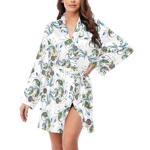 Peacock feather pattern Women's Long Sleeve Belted Night Robe