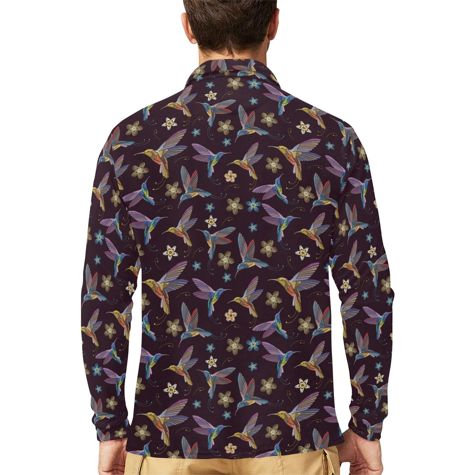 Hummingbird Pattern Print Design 04 Men's Long Sleeve Polo Shirt