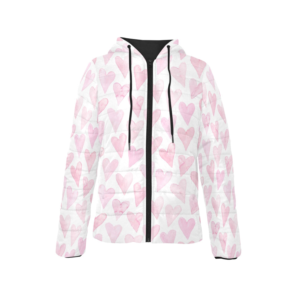 Watercolor pink heart pattern Women's Padded Hooded Jacket