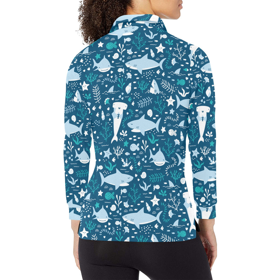 Cute shark pattern Women's Long Sleeve Polo Shirt