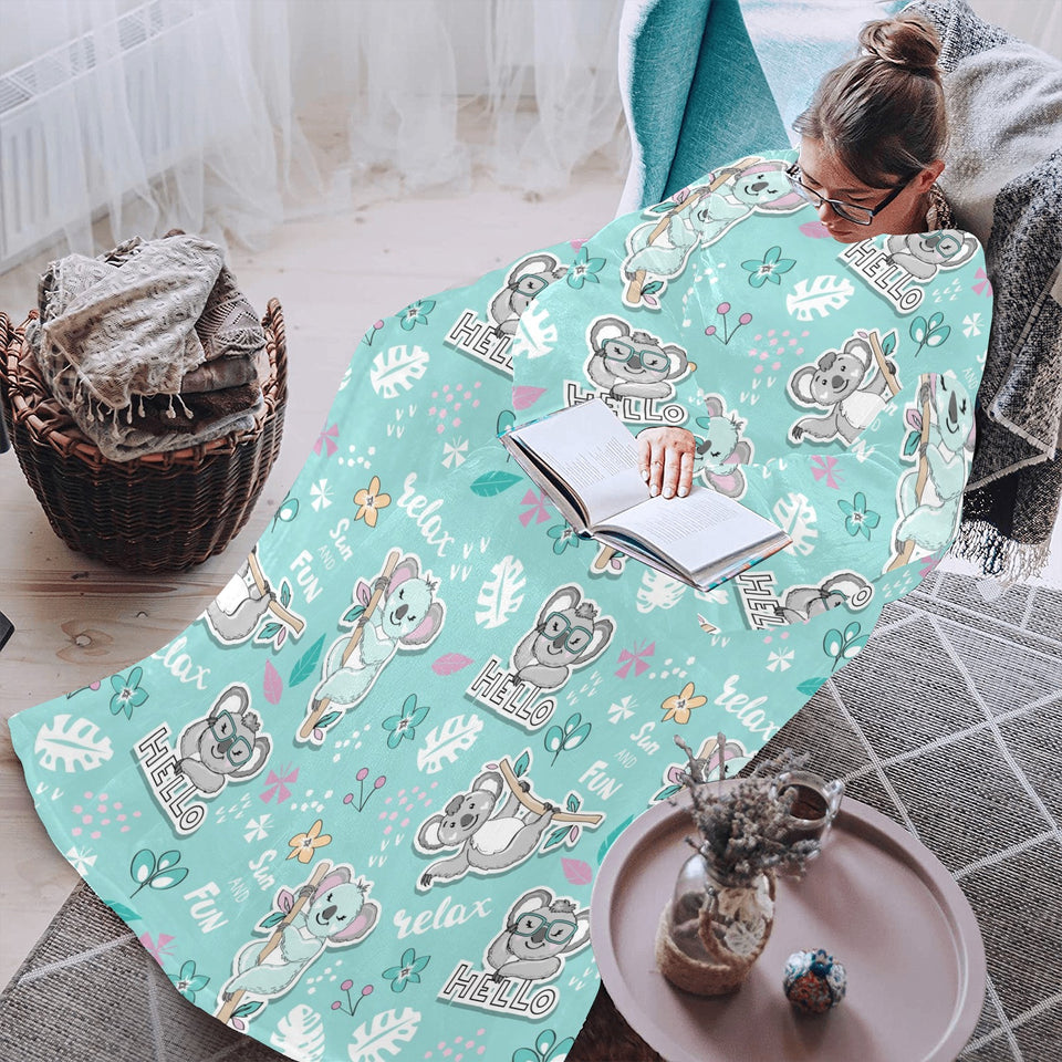 Cute koalas blue background pattern Blanket Robe with Sleeves