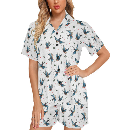Swallow Pattern Print Design 04 Women's V-Neck Short Pajama Set