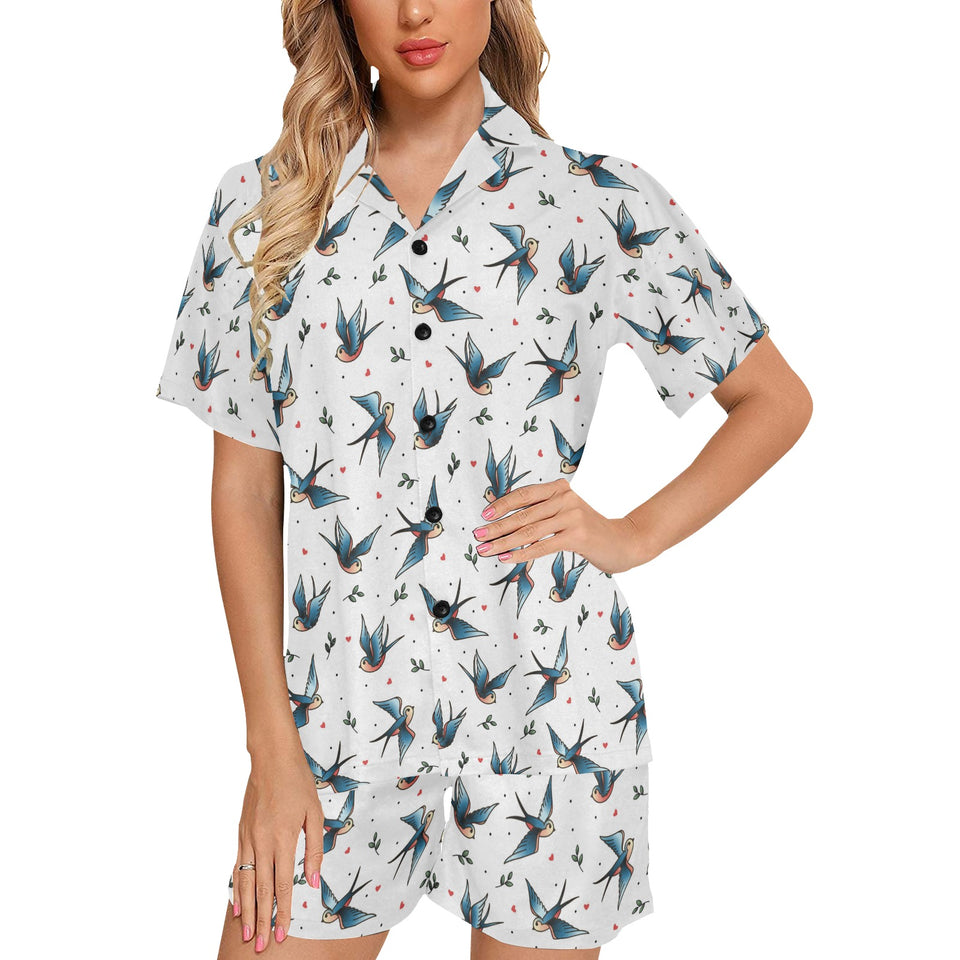 Swallow Pattern Print Design 04 Women's V-Neck Short Pajama Set