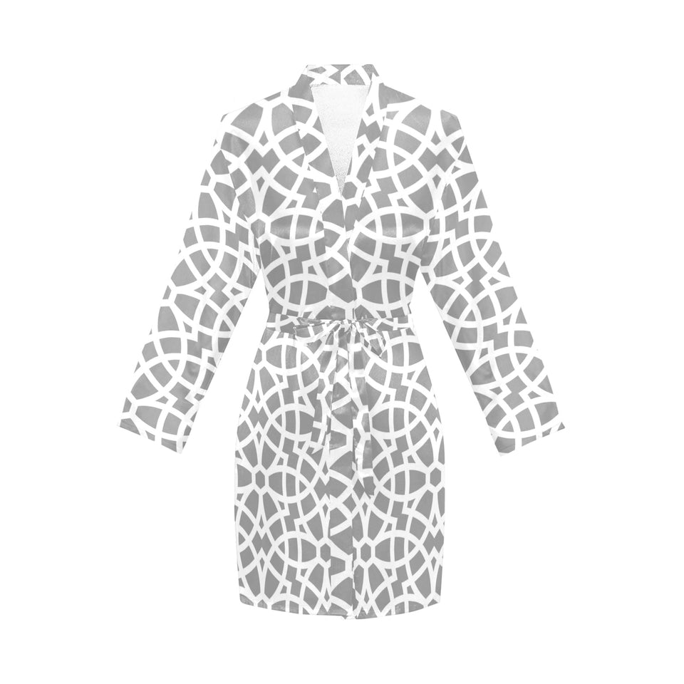 arabic gray pattern Women's Long Sleeve Belted Night Robe