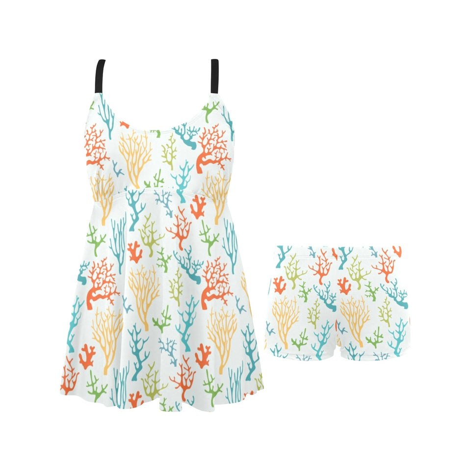 Coral Reef Pattern Print Design 02 Chest Sexy Pleated Two Piece Swim Dress