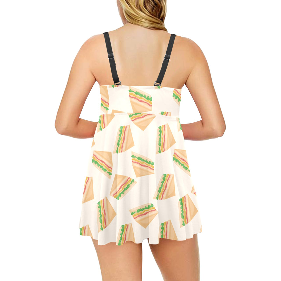 Sandwich Pattern Print Design 01 Chest Sexy Pleated Two Piece Swim Dress
