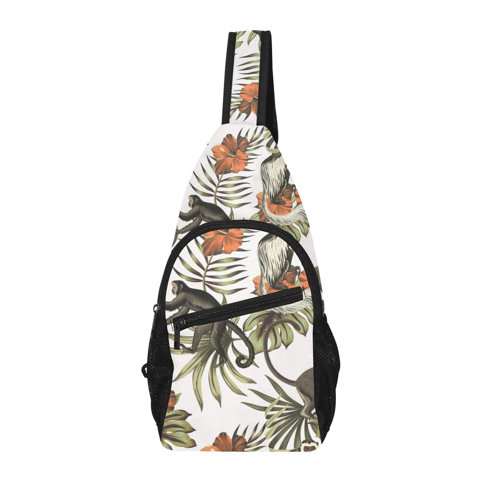Monkey red hibiscus flower palm leaves floral patt All Over Print Chest Bag