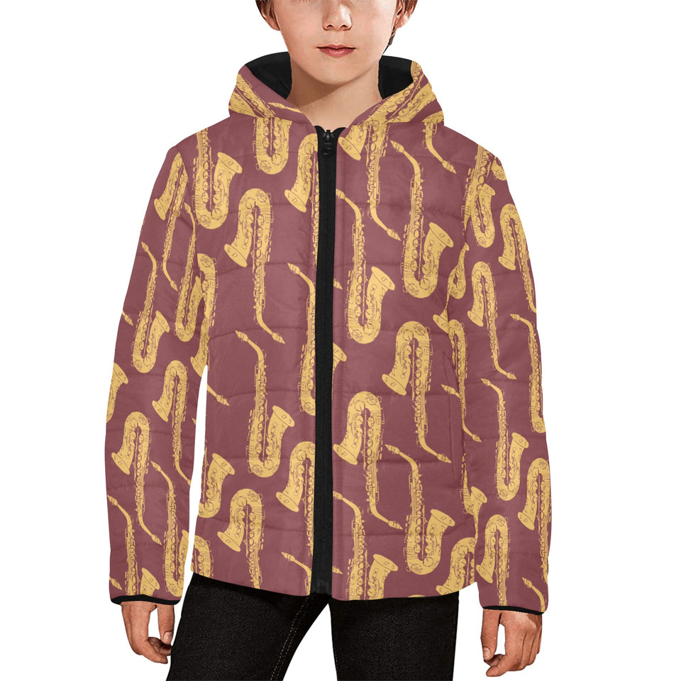 Hand drawn gold saxophone red background Kids' Boys' Girls' Padded Hooded Jacket