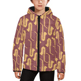Hand drawn gold saxophone red background Kids' Boys' Girls' Padded Hooded Jacket