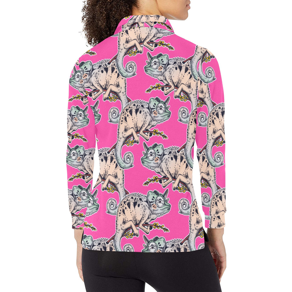 Chameleon lizard pattern pink background Women's Long Sleeve Polo Shirt