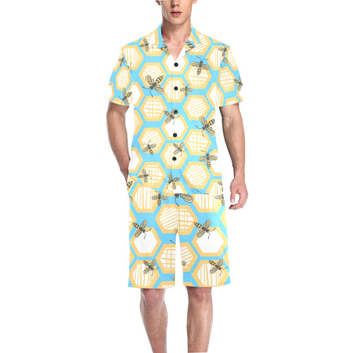 Bee honeycomb pattern Men's V-Neck Short Pajama Set