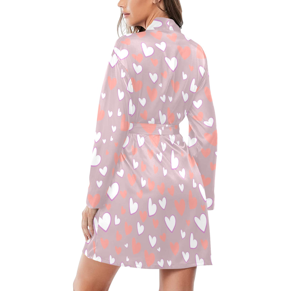 coral white heart pattern Women's Long Sleeve Belted Night Robe