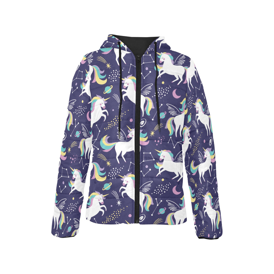 Hand drawn cute unicorn star planet Women's Padded Hooded Jacket