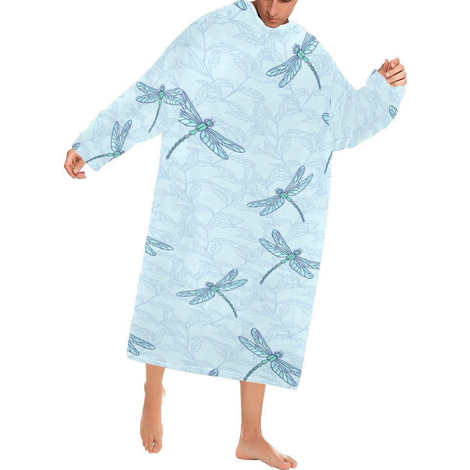 Dragonfly pattern blue background Blanket Robe with Sleeves