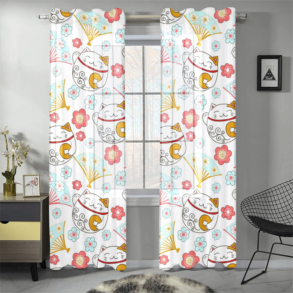 Maneki neko cat fan sakura Gauze Curtain