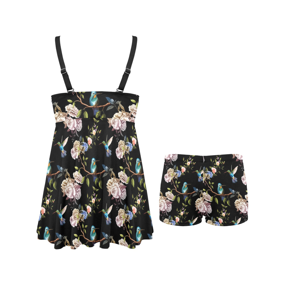 Hummingbird Pattern Print Design 03 Chest Sexy Pleated Two Piece Swim Dress
