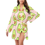 Avocado heart pink background Women's Long Sleeve Belted Night Robe