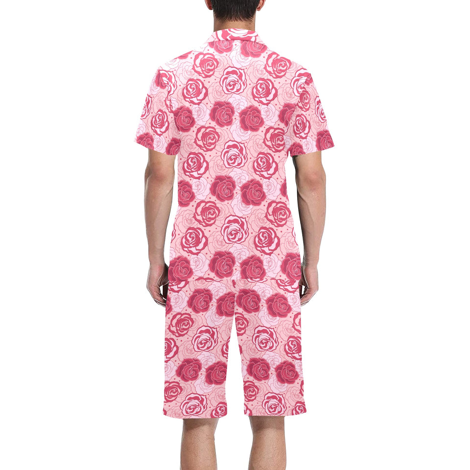 Rose Pattern Print Design 02 Men's V-Neck Short Pajama Set