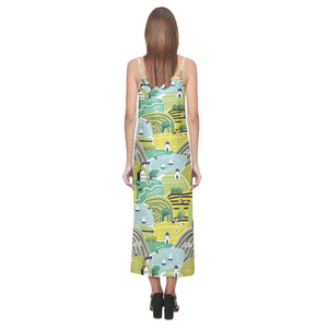Hand drawn windmill pattern V-Neck Open Fork Long Dress