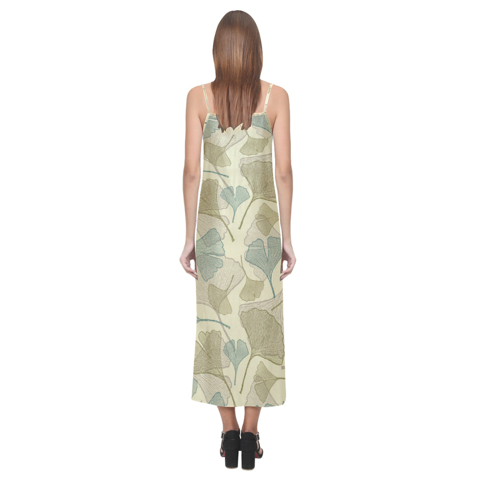 Ginkgo leaves design pattern V-Neck Open Fork Long Dress